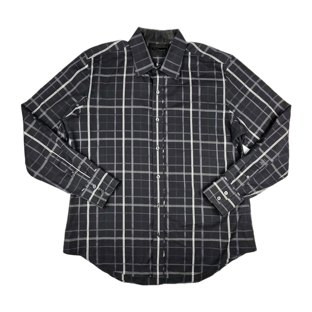 7 Diamonds Dress Shirt Mens Large Black Plaid Button Up‎ Designer Flex Cotton